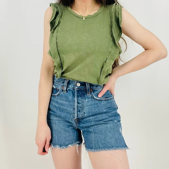 anthropologie eri + ali boho washed ruffle tank in moss green size s - Picture 6 of 6